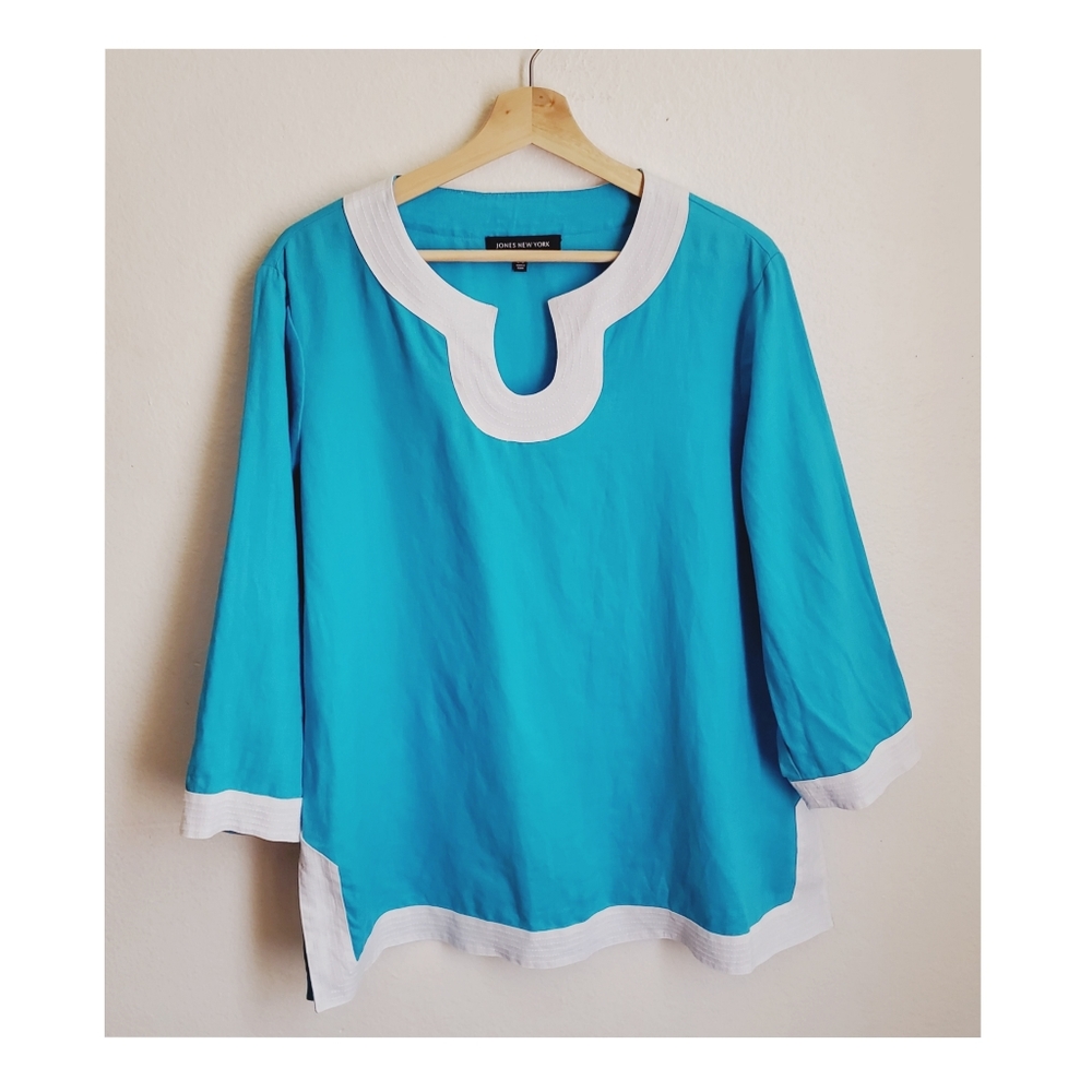 Jones New York Tunic Linen Top Sz L Blue⚡️⚡️⚡️